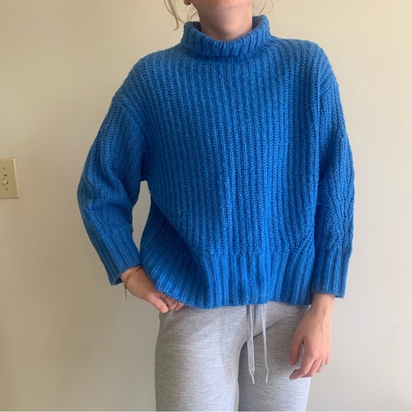 Maeve Anthropologie Blue Crop Ribbed Bell Sleeve Turtleneck Sweater XX Small - Picture 14 of 15